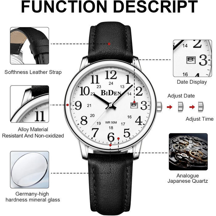 HANPOSH Годинники чоловічі, аналогові кварцові годинники для чоловіків, водостійкі годинники на зап'ясті, модні бізнес-годинники з датою, шкіряний ремінець, срібний колір, білий циферблат