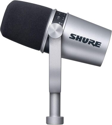 Мікрофон Shure MV7+ для подкастів, стрімінгу та запису - білий (срібний). USB/XLR, LED-сенсор, автоматичне регулювання рівня звуку, цифровий поп-фільтр