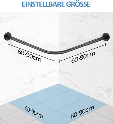 Регульована штанга для душу L-подібної форми, 60-134 см, з кріпленням для штори та підставкою для стелі, чорна (60-90 см x 60-90 см)