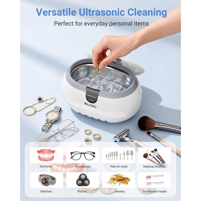 Ультразвукова мийка VLOXO 600мл, 42 кГц - для ювелірних виробів, інструментів, зубних протезів та годинників, бак з нержавіючої сталі, тиха робота, 50W