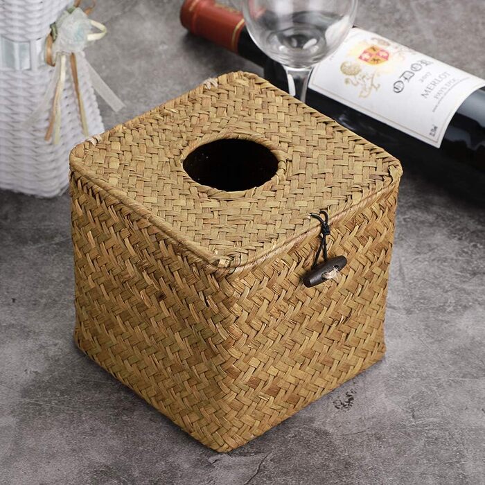 BSTKEY Household Cube, Seagrass Face Towel Box, Decorative Woven Paper Holder, Original Color, Yellow, 35.6 x 35.6 x 33 cm