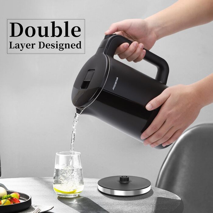 Електричний чайник Aigostar 1.7л, чорний матовий, нержавіюча сталь, 2200W, з подвійними стінками, автоматичне відключення, BPA Free, для кухні та офісу