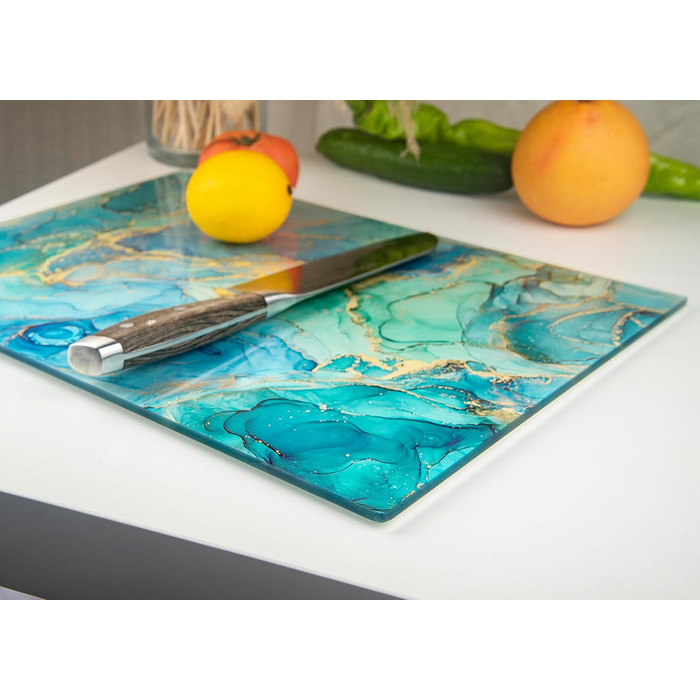 Скляна дошка для нарізання 40x30 см – гігієнічна скляна дошка з термостійкого скла, стійка до подряпин та ковзання – скляна плита для кухні, чорна поверхня під мармур (дизайн 09, 40L x 30B см)
