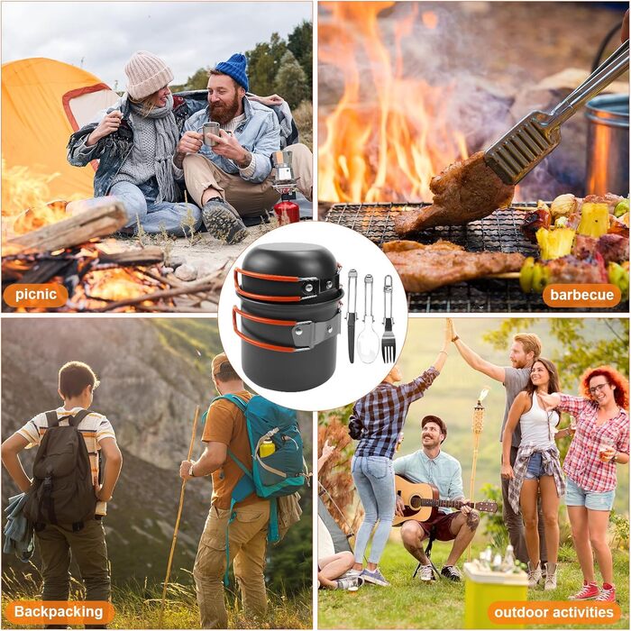 Набір посуду для кемпінгу KXVXXV з нержавіючої сталі: посуд, каструлі, каструлі для кемпінгу, приготування їжі на природі, пікніків, риболовлі та походів