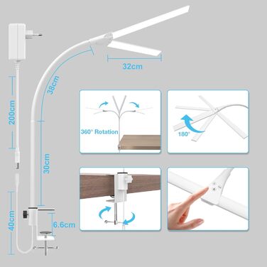 LED лампа настільна для офісу та дому, світло для монітора, 1400 люмен, регульована яскравість, кріплення-прищіпка, світло для робочого місця, гнусий шийка, подвійний насадка, 5 режимів кольору та рівнів яскравості, білий колір, 64 см