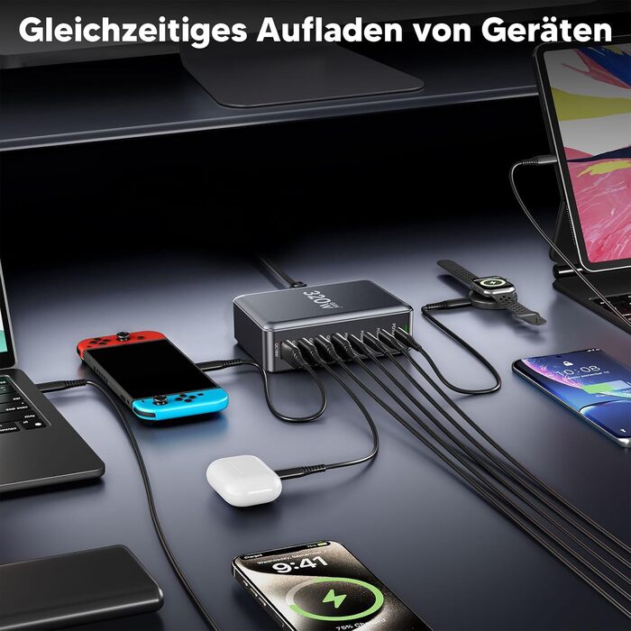 Зарядний пристрій USB-C GaN III 320W, 8 портів: для iPhone, Samsung, MacBook, Dell, Steam Deck та ін.