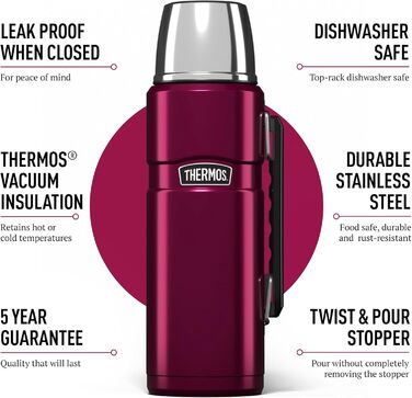 King Stainless Steel Flask with Handle - 1.2L / 1200ml - Raspberry Color