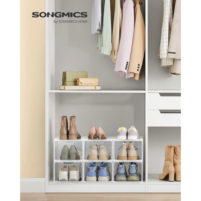 Органайзер для взуття SONGMICS, набір із 6 прозорих пластикових контейнерів з дверцятами, штабельний бокс для взуття до 44 розміру, 34 x 25 x 18,4 см, білий LSP406W02