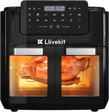 Фритюрниця повітряна LLIVEKIT 15L з 2 камерами, з оглядовим вікном, 2600W, 12-в-1, чорна, з таймером та 8 аксесуарами