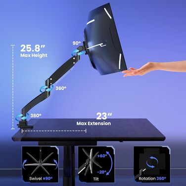 Кронштейн для монітора PUTORSEN Ultrawide 22-57 дюймів, регульований за висотою, настільний тримач до 27 кг, VESA до 200x200 мм, чорний