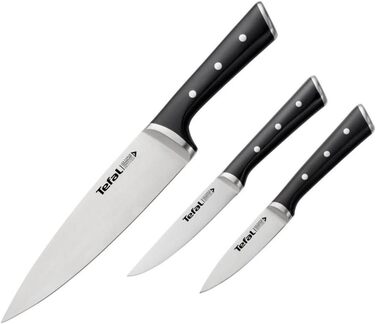 Набір ножів Tefal Ice Force 3 шт. (Шеф-ніж 20 см, Сантоку 18 см, Універсальний 11 см) з нержавіючої сталі, чорний, K232S3