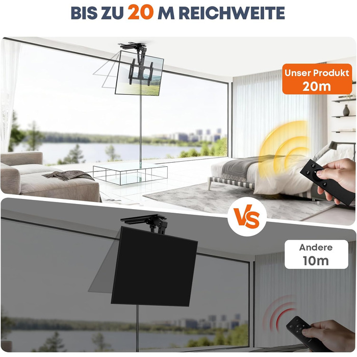 Електричний стельовий кронштейн для телевізора 37-75 дюймів, чорний - похилий, з пультом ДУ, до 45 кг