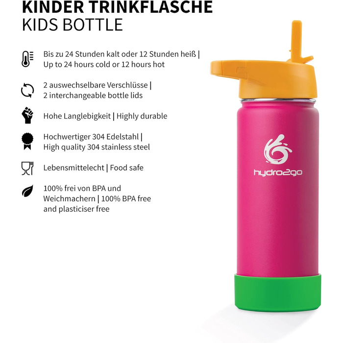 Stainless Steel Kids' Drinking Bottle - 100% Leakproof, BPA-Free with 2 Lids (Straw and Sport Cap) - Thermo Bottle for Children (Pink) - 500ml