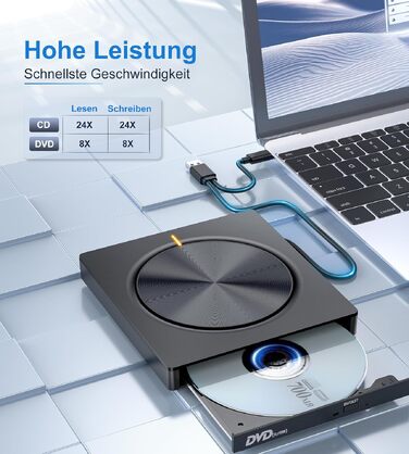 Зовнішній CD/DVD привід USB 3.0 та USB-C, оптичний накопичувач CD/DVD +/-RW ROM Brenner для ноутбука, ПК, MacBook, iMac (Windows, MacOS, Linux)