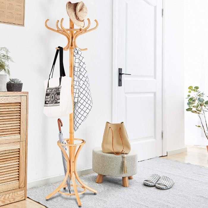 COSTWAY 184cm Wardrobe Rack with Umbrella Holder, Coat Rack with 12 Clothes Hooks, Clothes Rack made of Wood, Freestanding Wardrobe for Entryway, Living Room, and Bedroom (Natural)