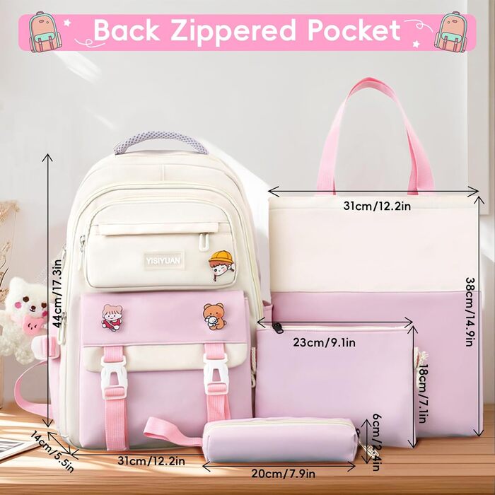 Шкільний рюкзак Tanou для дівчаток 4-х частинний, для 3-7 класів, з пеналом та сумкою через плече (рожевий)