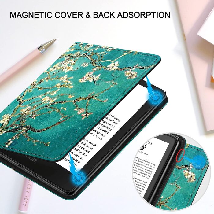 Чохол TOKILO для Kindle 6' eReader (11-те покоління 2024/2022), преміум шкіряний чохол з авто-ввімкненням/вимиканням, підставка, кишеня для карток, чорний (квіт Aprikosenblüte)