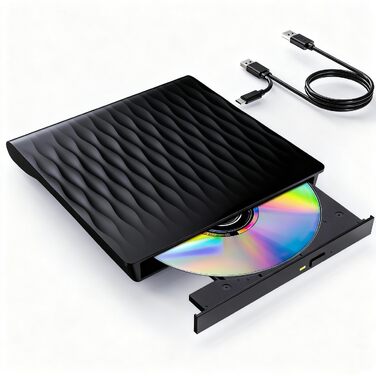 Зовнішній DVD/CD привід DANGZW USB 3.0 Type-C, портативний DVD-брунер та плеєр для ноутбука та ПК, сумісний з Windows, MacOS, Linux (чорний глянцевий)