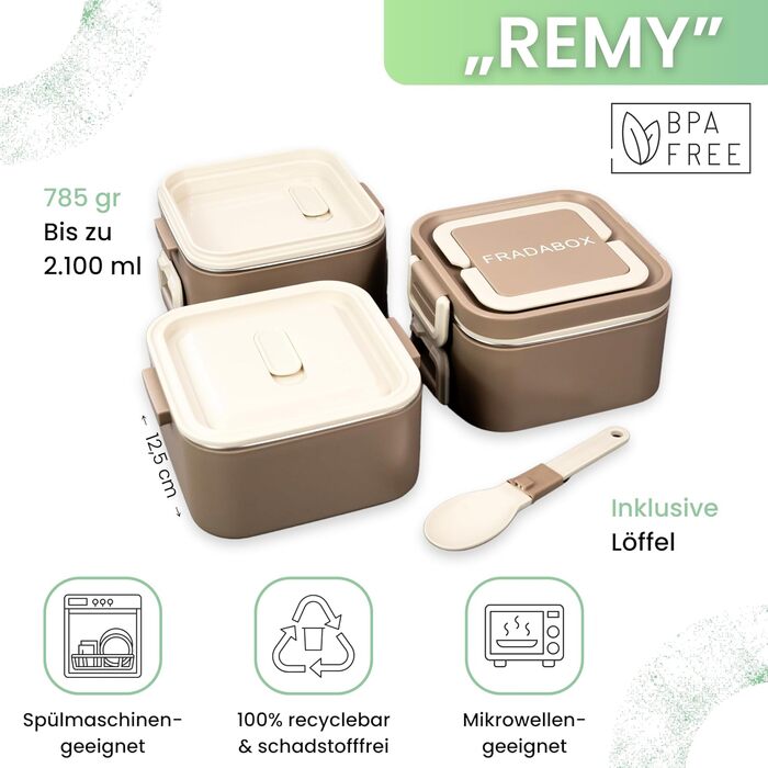 Бенто-бокс 'Remy' 2100мл, 3 секції з відділеннями та столовим прибором, преміум-якість, нержавіюча сталь, BPA-free, велика ланчбокс для дорослих, для Meal Prep, миється в посудомийній машині та підходить для мікрохвильової печі