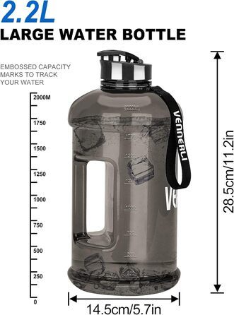 Пляшка для води 2.2л з ручкою, велика портативна пластикова, BPA-free, для спорту, туризму, фітнесу, подорожей, чорна