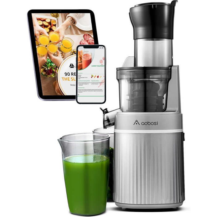 AOBOSI 200W Slow Juicer, Juicer with Reverse Function and Two Filter Sizes. Juicer vegetable and fruit test winner, multifunctional juicer vegetable and fruit with Smart Chip. Fruit press-Gray 80MM Gray