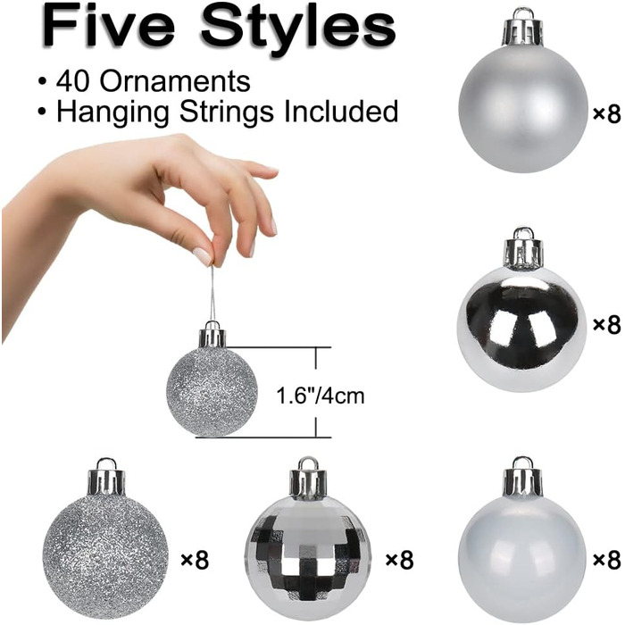4 см Новорічні кулі для прикраси ялинки, 40 шт. Срібні, ударостійкі, для ялинки