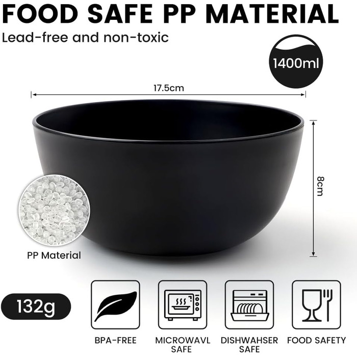 Набір мисок Bugucat для мюслі, супу та салатів, 6 шт, 1400 мл, чорного кольору