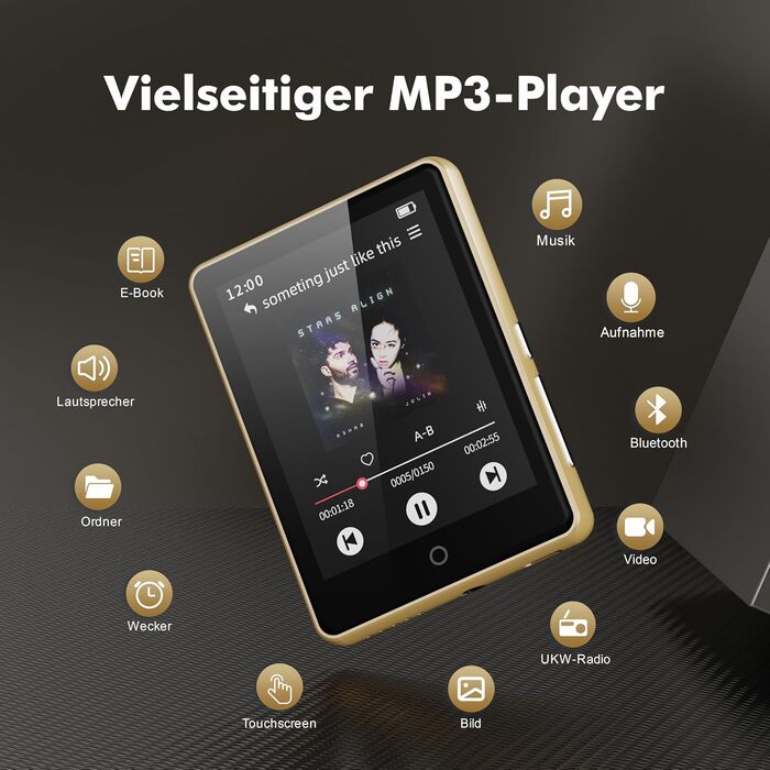 MP3-плеєр 32GB з Bluetooth 5.3 та динаміком, портативний Hi-Fi плеєр для дітей з 2.8-дюймовим сенсорним екраном, FM-радіо та диктофоном, підтримка TF-карт до 128GB (Золотий)