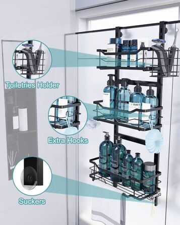 Golden Bell Shower Shelf, Over-the-Door Shower Shelf (No Drilling), Shampoo Holder for Shower, Adjustable Hanging Shower Shelf 3 Tiers Over the Door Glass Wall for Bathroom, Black