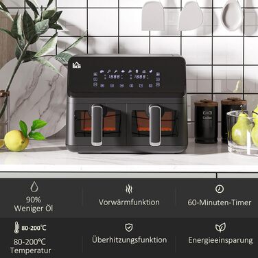 Фритюрниця HOMCOM з двома зонами, 8 л, 2500 Вт, 8 програм, антипригарне покриття, чорна