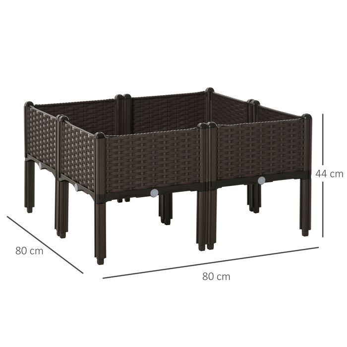 Outsunny Raised Garden Bed, 4-Piece Planting Box with Drainage Holes, Rattan-Look, DIY Brown, 40x40x44cm, ideal for garden and balcony