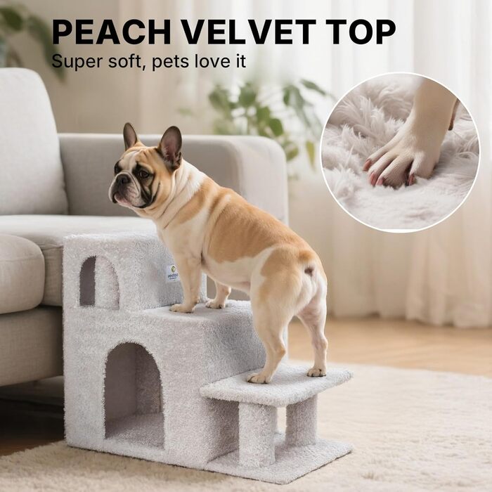 Сходинки для собак Veehoo: 3 сходинки, ліжко, печеринка, для маленьких собак та котів, сірий, 67x34x52 см, до 45 кг