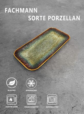 Набір тарілок Ya JU Keramik 4 шт. для основних страв, стеку, пасти, різотто, закусок. Підходять для мікрохвильової печі, духовки та мийки посуду. Колір: коричневий, прямокутна форма.