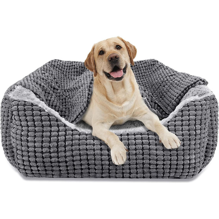 Dog Bed for Medium-Sized Dogs, Dog Basket with Removable Blanket, Corduroy Dog Beds Fluffy Washable, Non-Slip Dog Basket, Dog Sofa with High Edge Fits up to 18kg Pets (76x61x23cm) (L 89 x W 64 x H 23 cm)