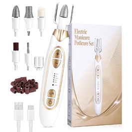 Набір для манікюру та педикюру з електричною насадкою для шліфування нігтів, 6 насадок, 20 шліфувальних кілець, 5 швидкостей, LED-підсвічуванням, білий