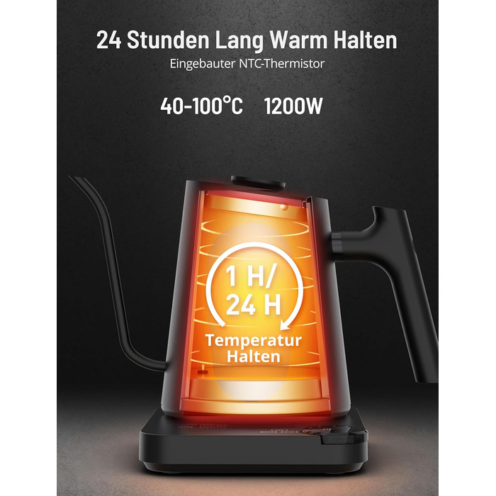PARIS RHÔNE Swan Neck Kettle - 0.9L Temperature Control Kettle with Indicator, Knob, and 24-Hour Keep Warm Function - Dark Green
