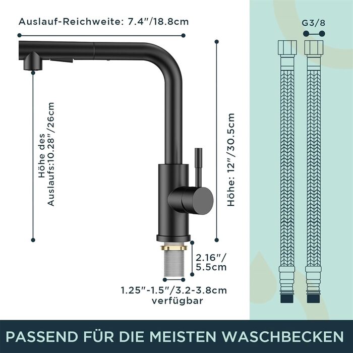 Кран FORIOUS для кухні з висувною лійкою, душовою насадкою, поворотний на 360°, 2 режими розпилення, матовий чорний