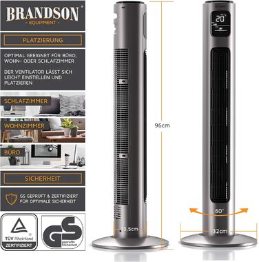 Вентилятор підлоговий Brandson з пультом дистанційного керування, 96 см, титаново-сірий. Обертання 60°, 3 швидкості, мобільний, колона