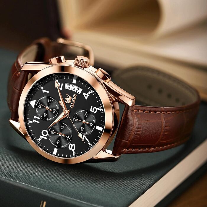 Чоловічий годинник OLEVS Vintage з шкіряним ремінцем, велике циферблат, водонепроникний, аналоговий годинник з датою (2878, чорний циферблат/коричневий ремінець)