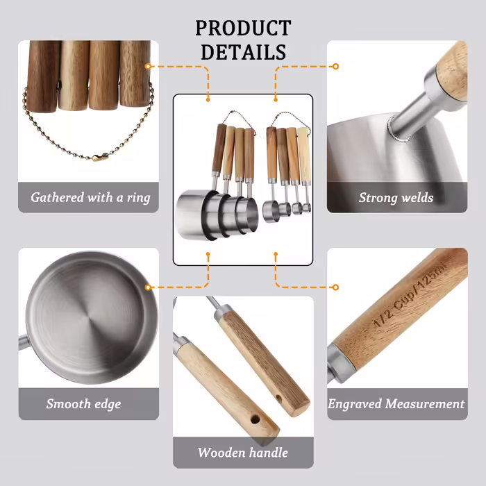 Stainless Steel Measuring Cup and Spoon Set - Measuring Cups and Spoons with Wooden Handle for Dry and Liquid Ingredients