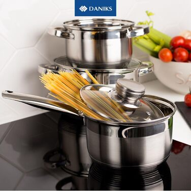 Набір каструль Daniks Standard 6 шт. з нержавіючої сталі з кришкою з термостійкого скла, 16/18/20 см, для супу/макаронів/пасти, сріблястий