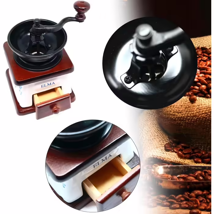 ELMA Ceramic Manual Coffee Grinder for Decorative Use, Brown Vintage-Style Retro Manual Coffee Grinder on Wood with Hand Crank, Portable, Antique-Design Coffee Grinder | Dark Wood Color
