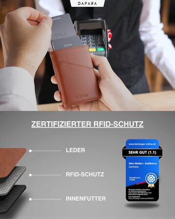 Чоловічий шкіряний гаманець Leder: тонкий, з відділенням для монет та RFID-захистом, вміщує 12 карт, колір коньяк