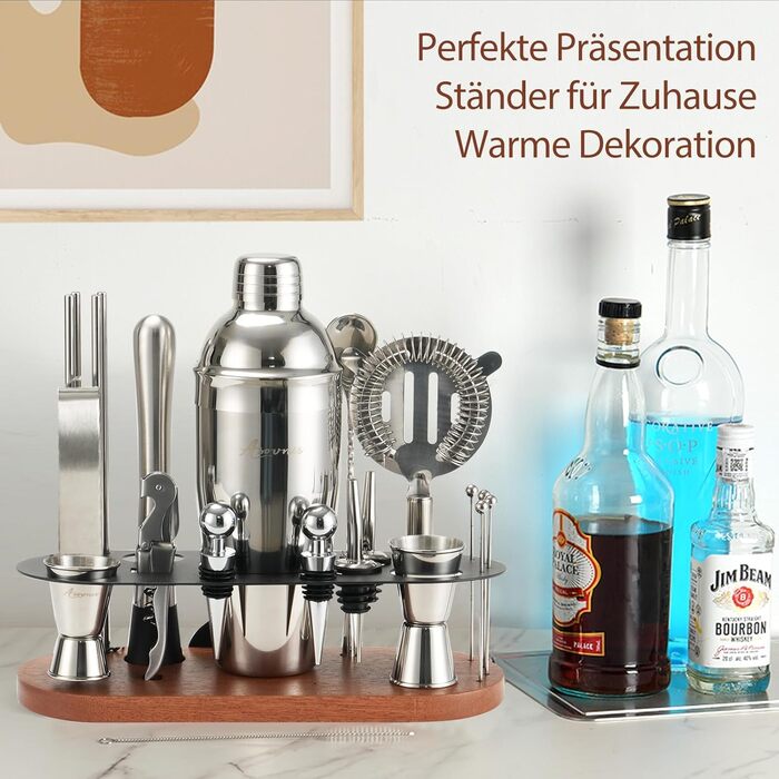Набір бармена на 23 деталі з підставкою | Набір шейкерів для коктейлів з інструментами: шейкер Мартіні, сито, ложка, мадлер, для дому, бару, вечірки (колір коричневий)
