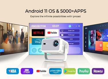 Портативний проєктор LYNCAST з Wi-Fi та Bluetooth, Android 11, 1080P/4K, поворотний на 180°, для домашнього кінотеатру та на відкритому повітрі (LumeCube 018 White)