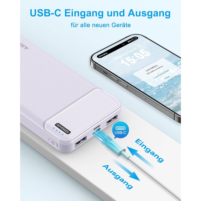 Power Bank AsperX 10000mAh 2 шт. Slim, портативний акумулятор USB-C для iPhone, iPad, Huawei, планшетів – блакитний + фіолетовий