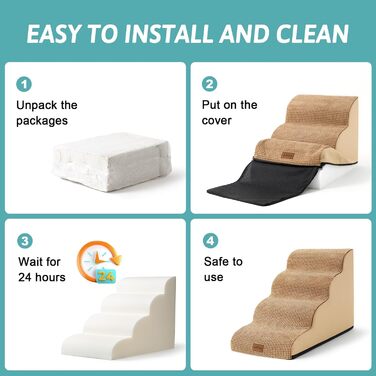 Сходинки для собак маленьких порід 50 см, для ліжка, з високощільним губчатим наповнювачем, 4 сходинки, знімний та миючий чохол, неслизьке покриття, 40x72x50 см, світло-коричневий колір