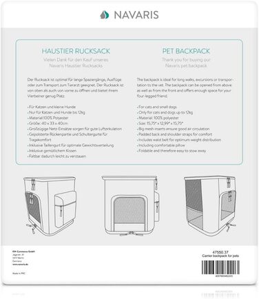 Рюкзак для собак та котів Navaris - м'який, з бавовняним бавовняним ременем, 41x34,5x43 см, складний, до 12 кг, блакитний