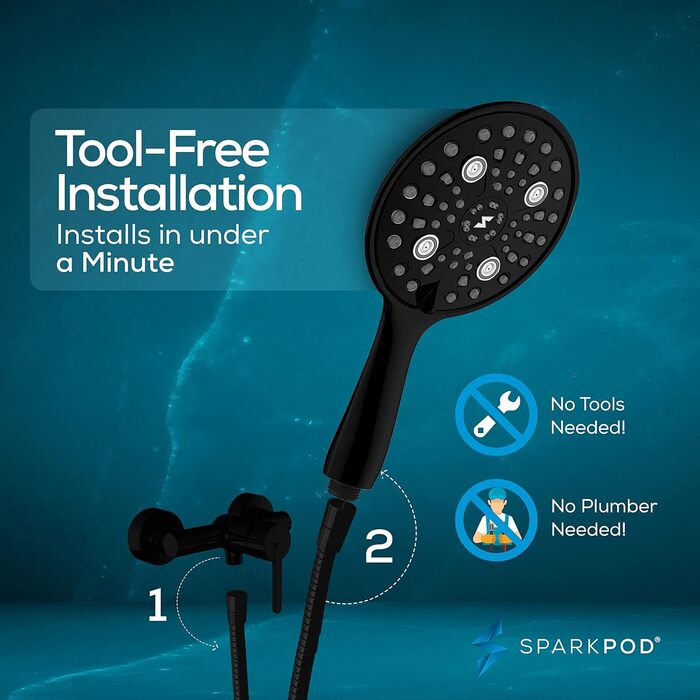 Душова лійка SparkPod з шлангом 15 см, високий тиск, XXL, дощова, хром, легкий монтаж, преміум-дизайн, матова чорна