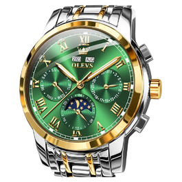 Чоловічий механічний годинник OLEVS з автопідзаводом, золотисто-сріблястий сталевий браслет, зелений циферблат, фаза місяця, водонепроникний, бізнес-клас